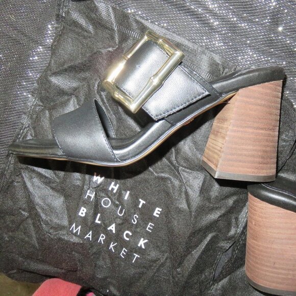 White House Black Market Bamboo Buckle Leather Mid-Heel Sandal size 7 Black NWT - Picture 9 of 16